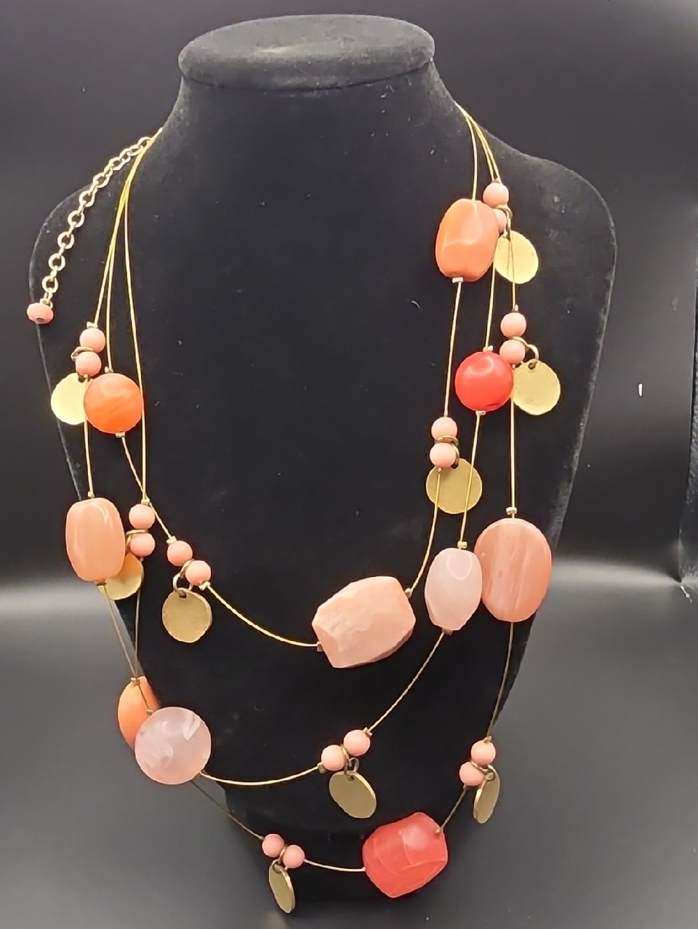 Multi-Strand Coral Bead & Gold Disc Necklace - Unbranded